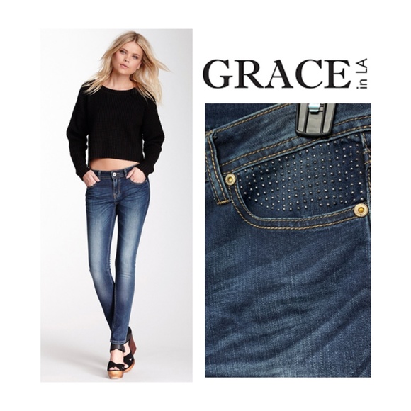 Grace in LA Denim - Grace in LA Skinny Jeans Metal Studded Pockets